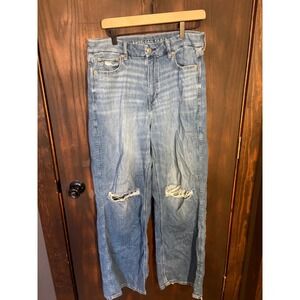 American Eagle Curvy Super High Rise Baggy Wide Leg Distressed Jeans Blue 12L